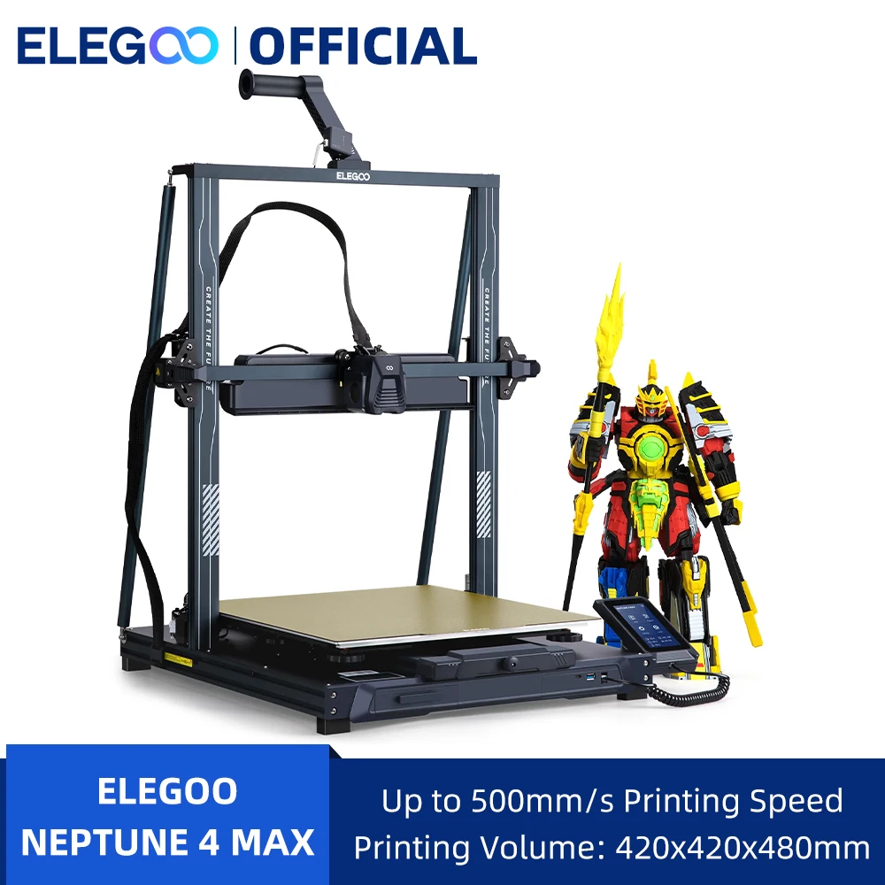 Impressora 3D ELEGOO NEPTUNE 4 MAX FDM com velocidade de impressão de até 500 mm/s, extrusora direta de engrenagem dupla, volume de construção 420x420x480mm