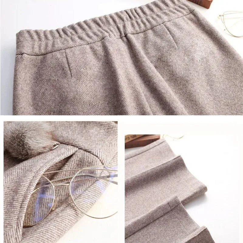กางเกง4XL เอวสูงตรงสำหรับผู้หญิงกางเกงทำงานทำจากผ้าขนสัตว์ผสมกางเกงขาม้าใส่ในสำนักงานฤดูใบไม้ร่วงฤดูหนาว