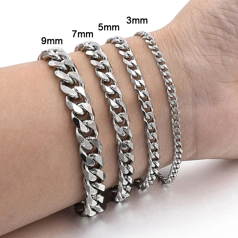 ใหม่อินเทรนด์ Cuban CHAIN สร้อยข้อมือผู้ชายคลาสสิกสแตนเลส 3/5/7/9 มม.ความกว้างสร้อยข้อมือสําหรับผู้ชายผู้หญิงเครื่องประดับของขวัญ