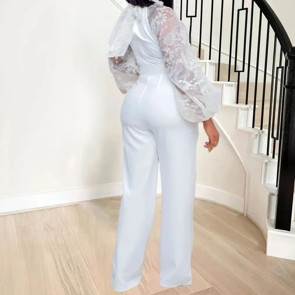 Mesh Overall Frauen Weiß Overalls Party Spitze Strampler Neu In Body Ein Stück Langarm Sommer Lange Hosen Y2k Frühling Arbeit