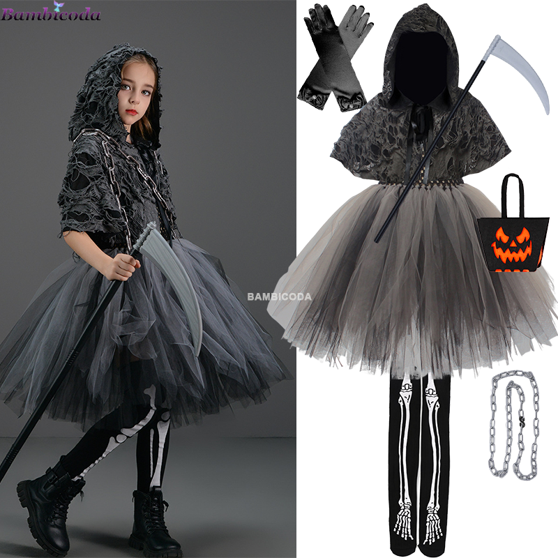 Halloween Grim Abiti Horror Morte Cosplay Mantello nero Costume per bambini Ragazze Abiti da festa Abito di Halloween Demone Fantasmi Costume