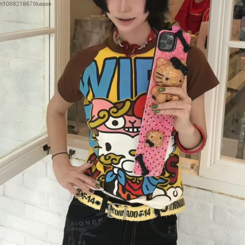 Sanrioハローキティ半袖Tシャツ、アニメファッション、夏のかわいいTシャツ、漫画のプリント、ハイストリートゴシック、新作、y2k