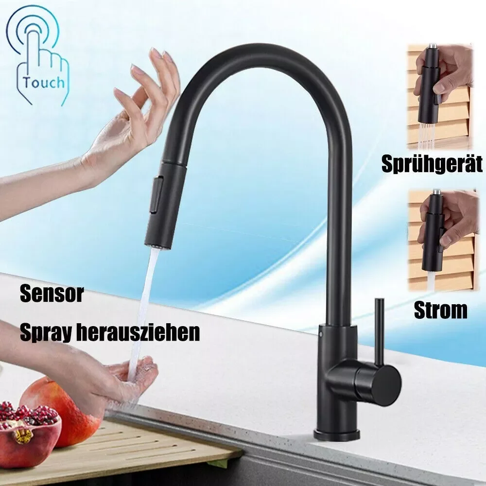 Robinet de cuisine à capteur extractible noir, robinet à commande tactile, mélangeur à 2 fonctions pour évier, pulvérisateur mitigeur à poignée unique