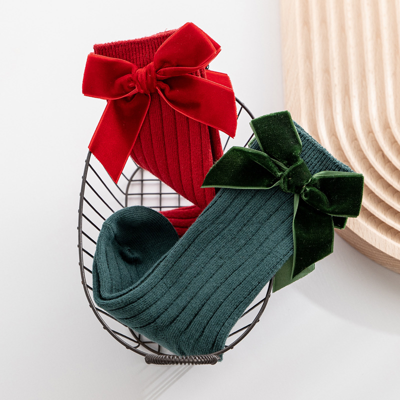 ベビークリスマス女の子靴下秋冬幼児ビッグリボンニーハイロング子供靴下ソフトコットンレッド新生児 Socken のための 0-5 年