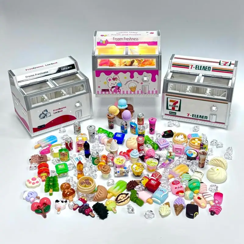 Frigorífico congelador horizontal casa de muñecas mini casa de juegos en miniatura gabinete de helados juguete ornamento simulación