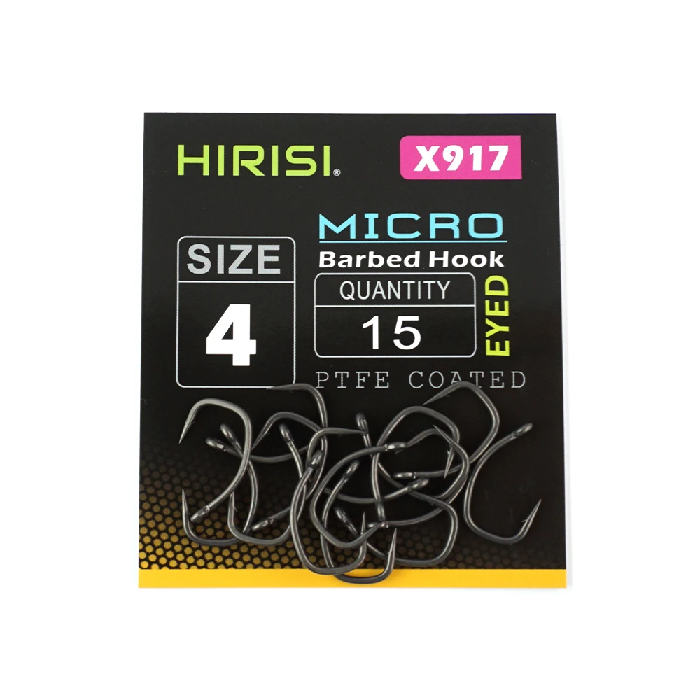 Hirisi 15 Uds anzuelos de pesca de carpa con ojo Micro púa anzuelos de acero alto en carbono recubiertos de PTFE X917 accesorios de pesca