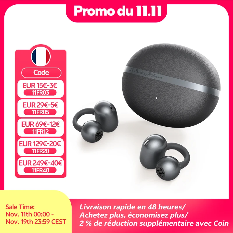 QCY Crossky C50 Écouteurs sans fil Bluetooth 6.0 à oreille ouverte, confortables, à clipser, 4 micros, appels clairs, amplification des basses, 35 heures d'autonomie pour le sport et la course à pied