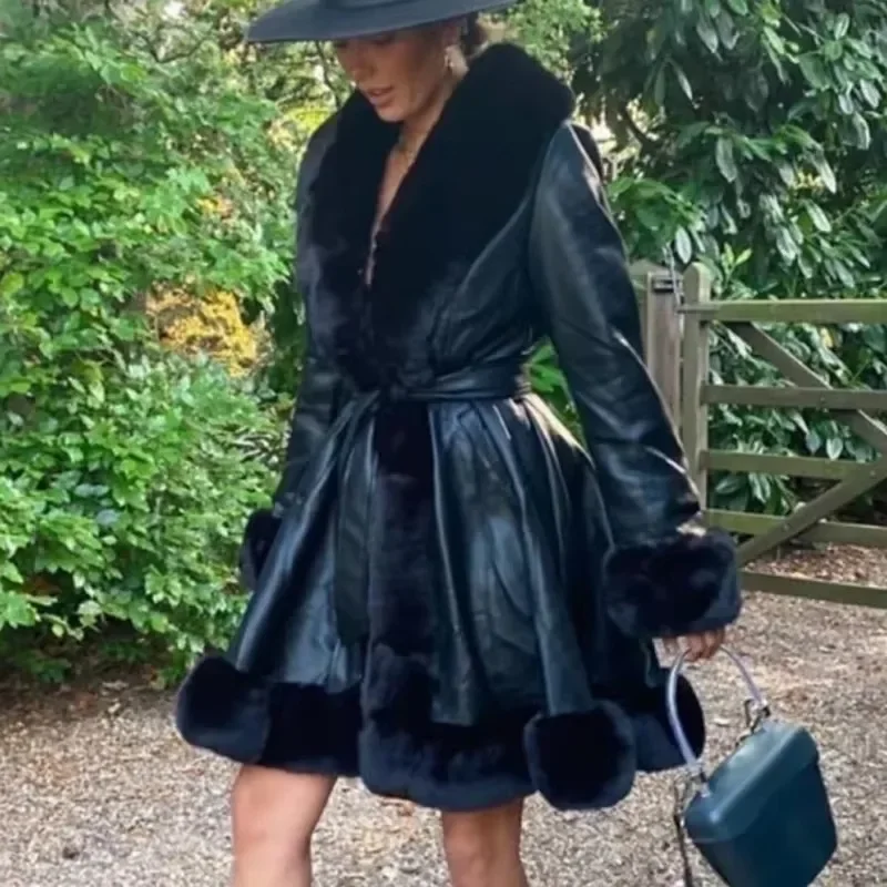 Mode PU Leder Lange Jacken Frauen Krawatte Gürtel Taille Mäntel Frauen Elegante Seite Taschen Faux Pelz Jacken Weibliche Damen Edle Mantel