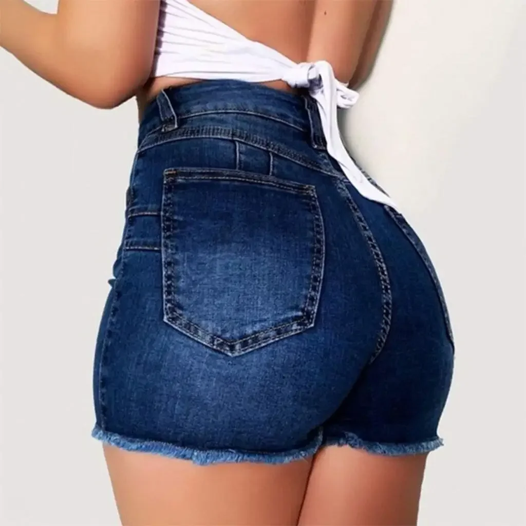 Shorts Denim gewaschen Damen Jeans Quaste solide hohe Taille Taschen Sexy Skinny Distressed 2025, Vintage Streetwear gespleißt