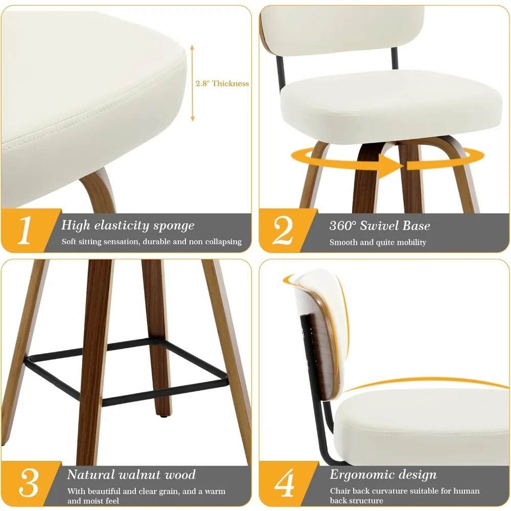 Swivel Counter Height Bar Stools Set of 4, 26" Upholstered Faux Leather Barstools with Back and Bent Wood Legs, Mid Century