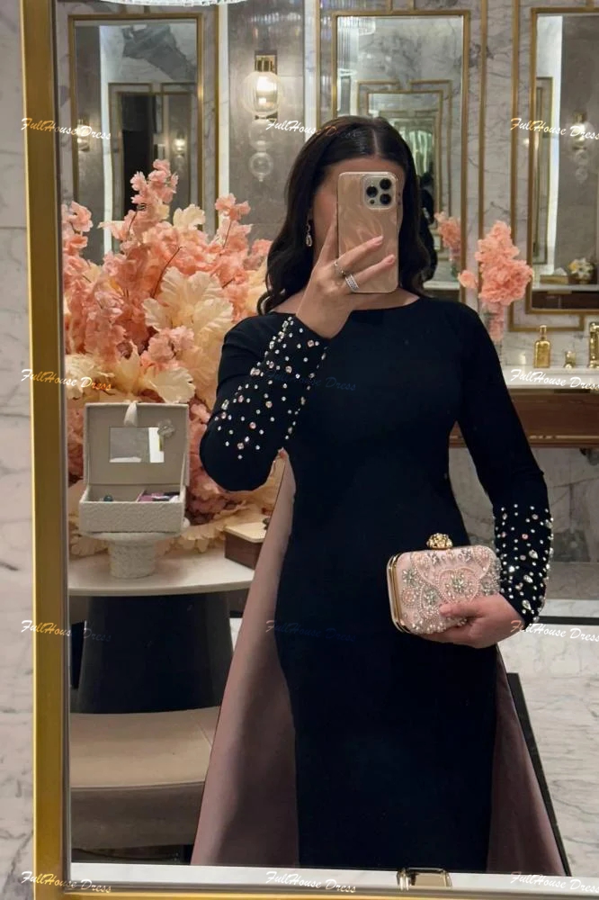 Robe de soirée fourreau Sexy, col rond, sur mesure, dos nu, manches longues, perles, cristal, longueur au sol, robe de soirée avec cour