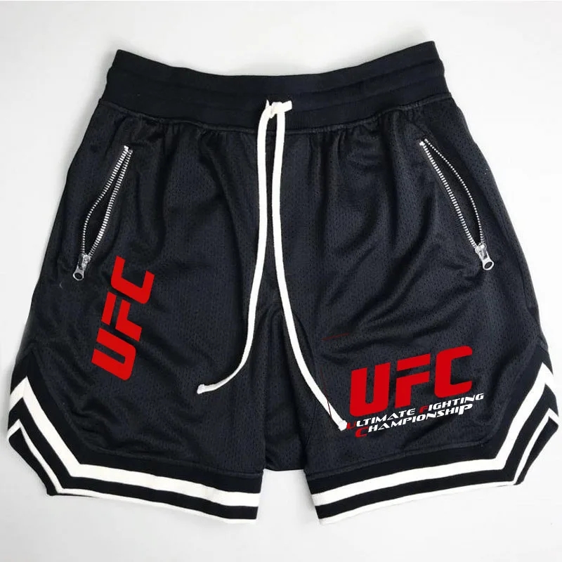 Лето 2025 года, шорты для фитнеса с UFC для боевых болельщиков, мужские дышащие повседневные модные шорты для бега в стиле хип-хоп с сухой сеткой