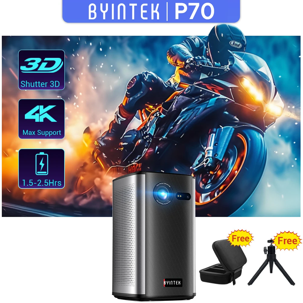BYINTEK P70 Proyector 4K 1080P DLP Mini Proyector Portátil Cine en Casa Inteligente Wi-Fi y Bluetooth para Películas y Juegos con Batería