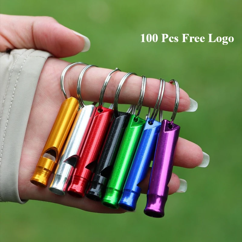 Custom Logo 100Pcs Emergency Whistles Aluminum with Key Chain For Camping Hiking Hunting Sports and Emergency Situations