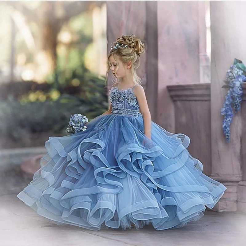 Пыльно-синие платья с цветочным узором для девочек на свадьбу Robe De Mariage, детские пышные платья, тюлевое платье с рюшами для первого причастия