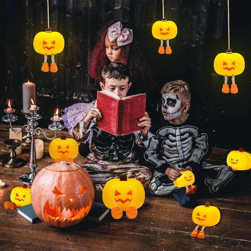 Decoraciones colgantes de Halloween, bonitas lámparas LED de calabaza con cuerda, lámpara táctil de silicona colgante USB regulable de 3 niveles para mujer y niño