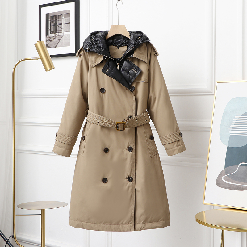 Hochwertige Trenchjacke Winter Damen Kapuze Weiße Ente Daunenjacke Dicker warmer langer Daunenparka Windschutzmantel mit Gürtel 2023