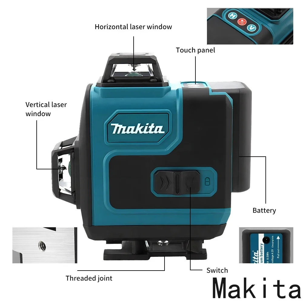 Makita-Láser de luz verde de nivel cruzado Vertical Horizontal, 16 líneas, 360, herramienta portátil montada en la pared de alta precisión