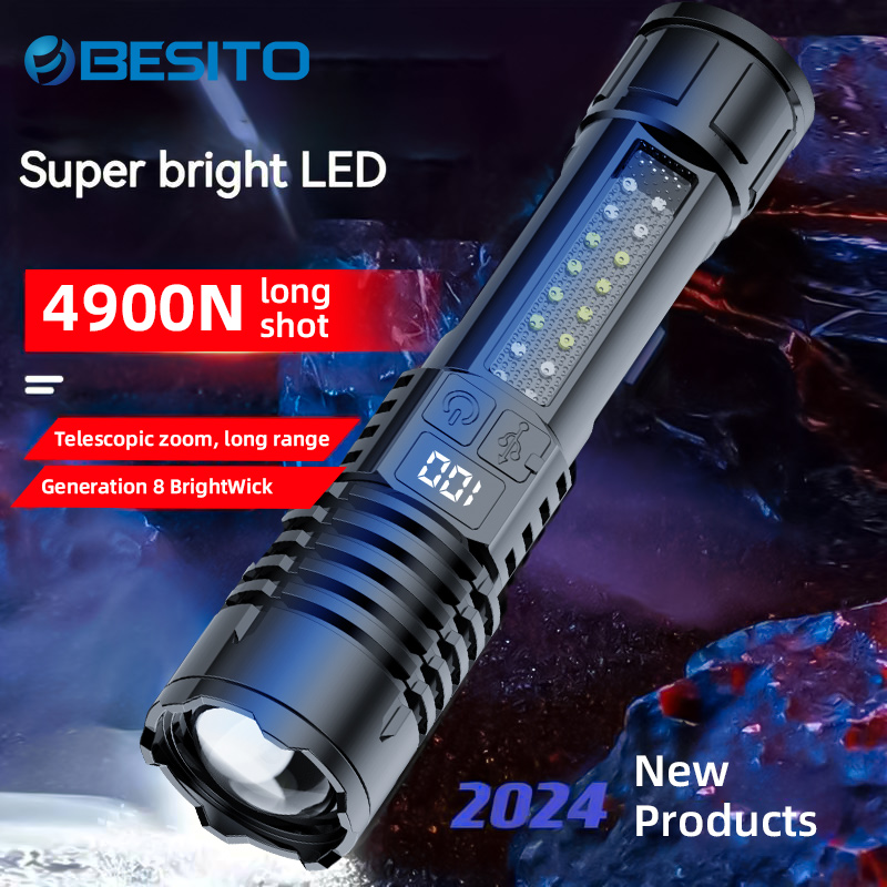 Hochstarke LED-Taschenlampen, taktische Notfallscheinwerfer, Teleskop-Zoom, eingebauter Akku, wiederaufladbare USB-Camping-Taschenlampe