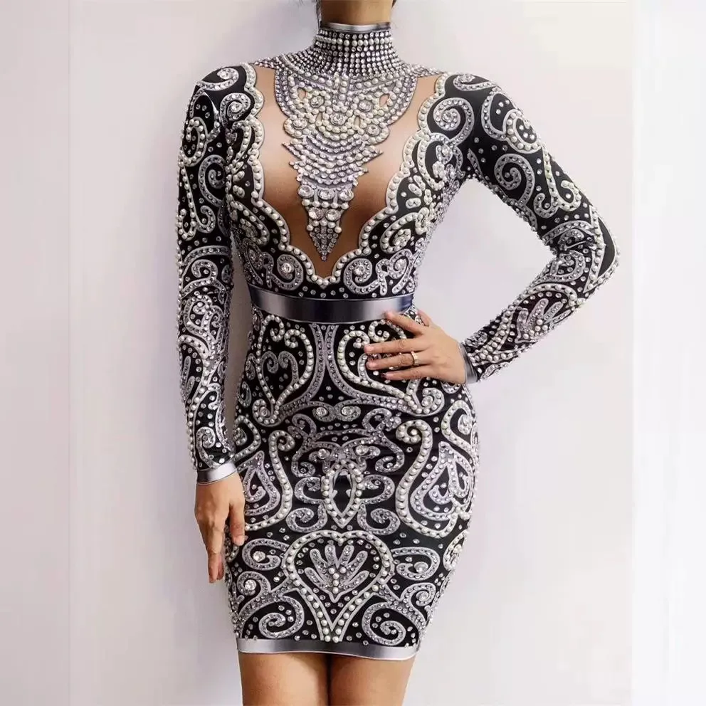 Funkelndes Strass-Partykleid für Bühnenauftritte und Geburtstagsfeiern mit sexy Mesh-Design, perfekt für Nachtclub-Shows