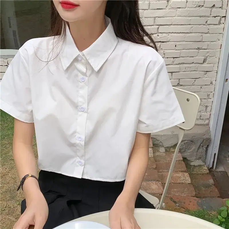 Oversize Cropped เสื้อเชิ้ตสีขาวผู้หญิงฤดูร้อนแขนสั้นโปโลคอปุ่มลง Basic เสื้อแขนสั้นเกาหลีหญิงเสื้อ