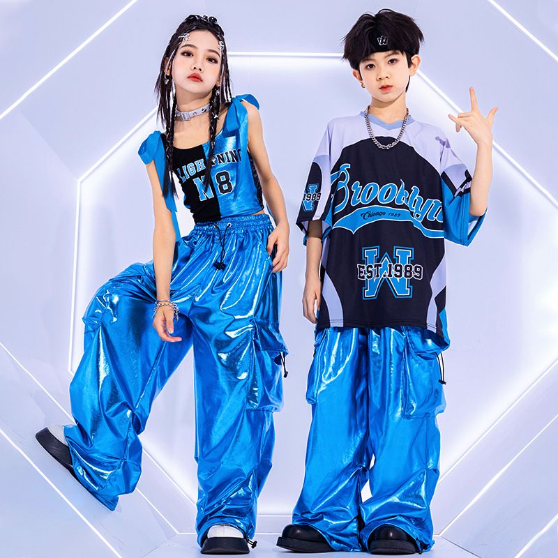 Cool Bright Blue Street Dance เครื่องแต่งกายเด็กแจ๊สเสื้อผ้าแฟชั่นชายหญิง Hip Hop Oversize เสื้อกางเกงรันเวย์แสดงชุด
