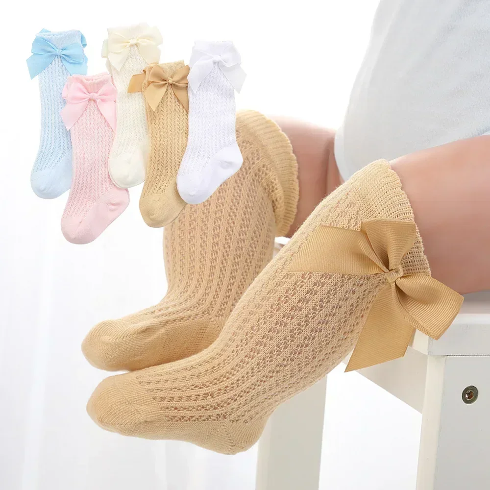 Calcetines hasta la rodilla para bebé de 0 a 24 meses, calcetines largos de algodón con lazo para niño pequeño, calcetines largos de princesa para bebé recién nacido, novedad de 2025