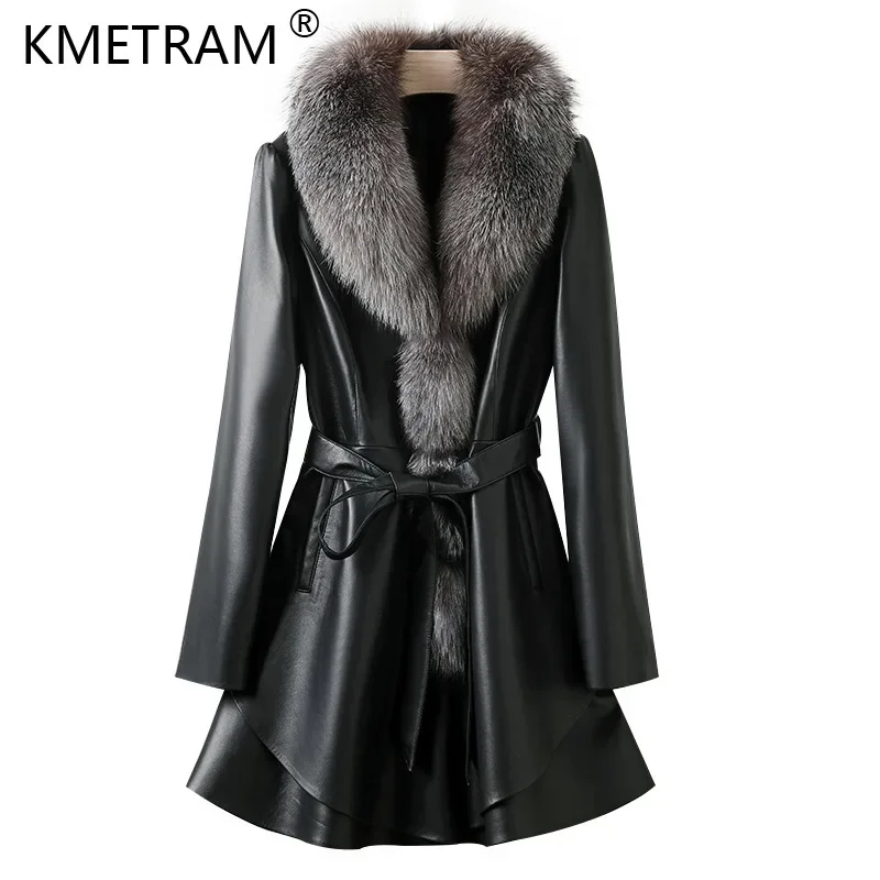 Alta qualidade 100% jaqueta de pele de carneiro feminina 2024 comprimento médio jaquetas de couro genuíno mulher elegante casaco de couro real gola de pele de raposa