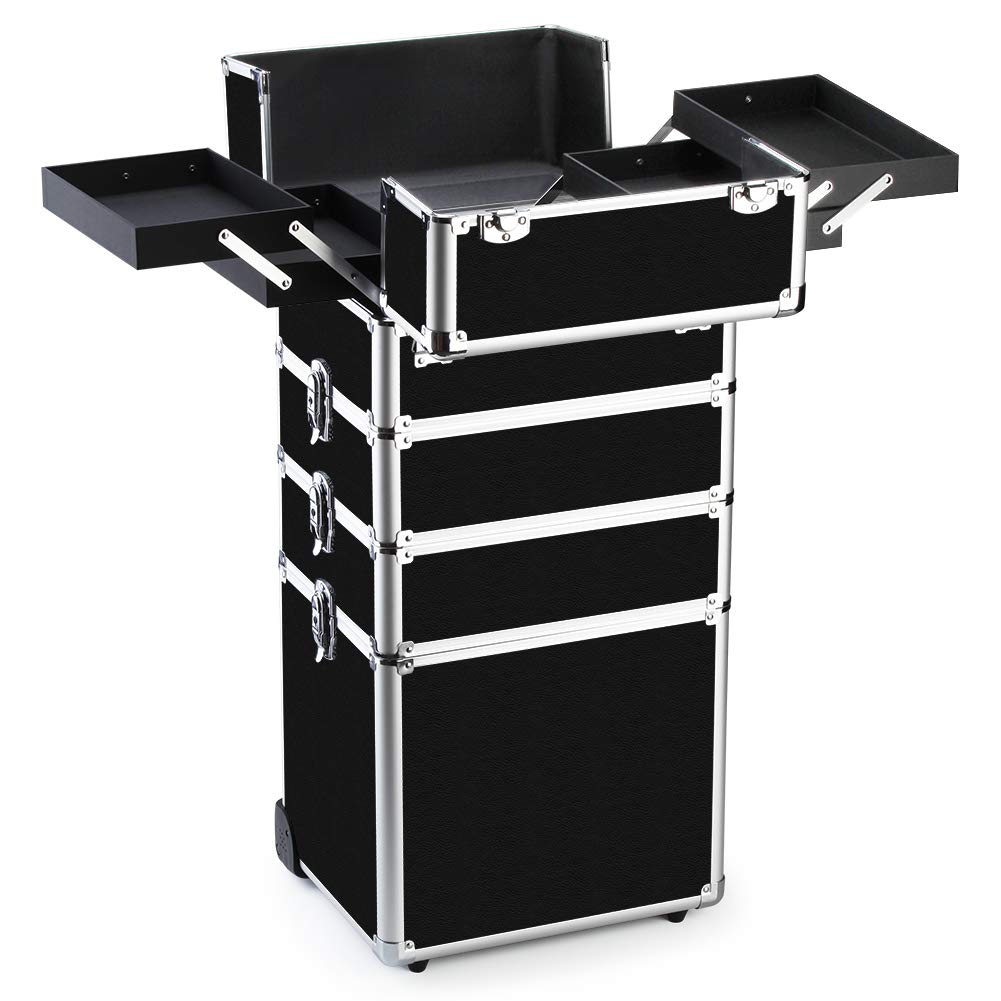 Makeup Rolling Train Case 4-in-1 Professional Artist Trolley Cosmetic Organizer with 2 Wheels Durable Aluminum Frame
