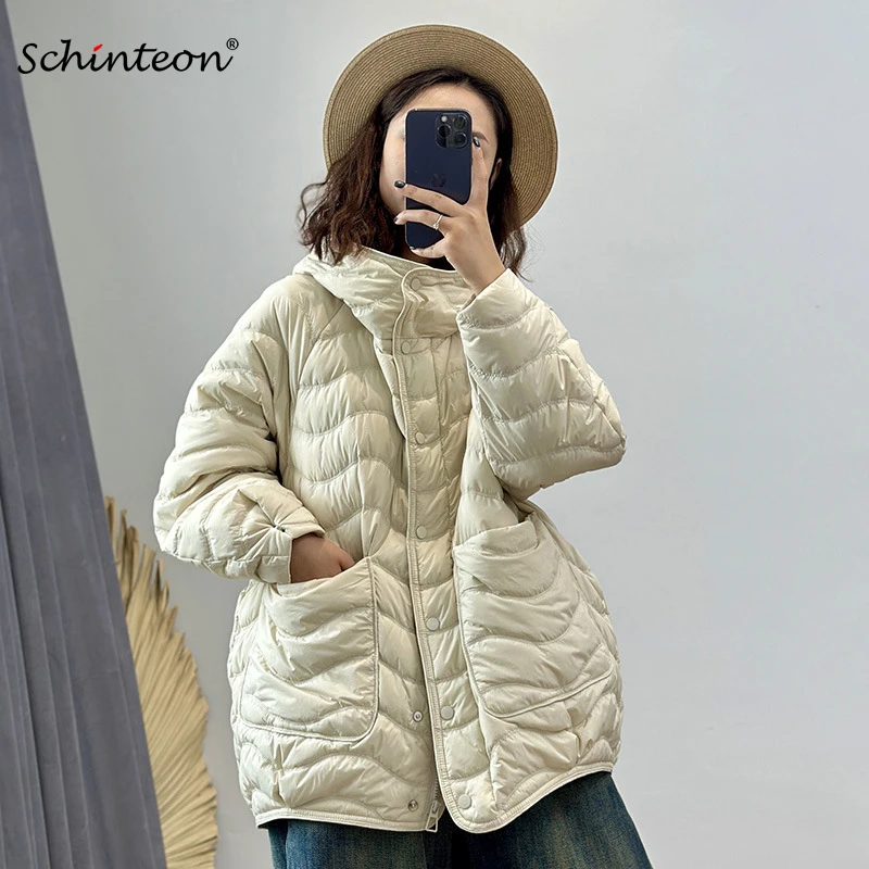 Schinteon женская куртка на 90% белом утином пуху, повседневная свободная верхняя одежда больших размеров, осень-зима, легкая верхняя одежда с капюшоном, пальто высшего качества, 2025 г.