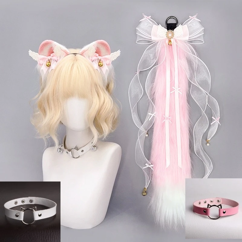 Kat oor hoofdband pluche staart antieke vos staart handgemaakte dierenoor kat oor staart set lederen halsband maskerade, bar Halloween speelgoed