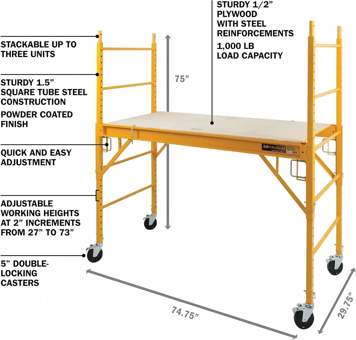 Baker Adjustable Steel Platform Jobsite Series 6 Feet Tall Mobile Scaffolding Ladder with Locking Caster Wheels, Yellow