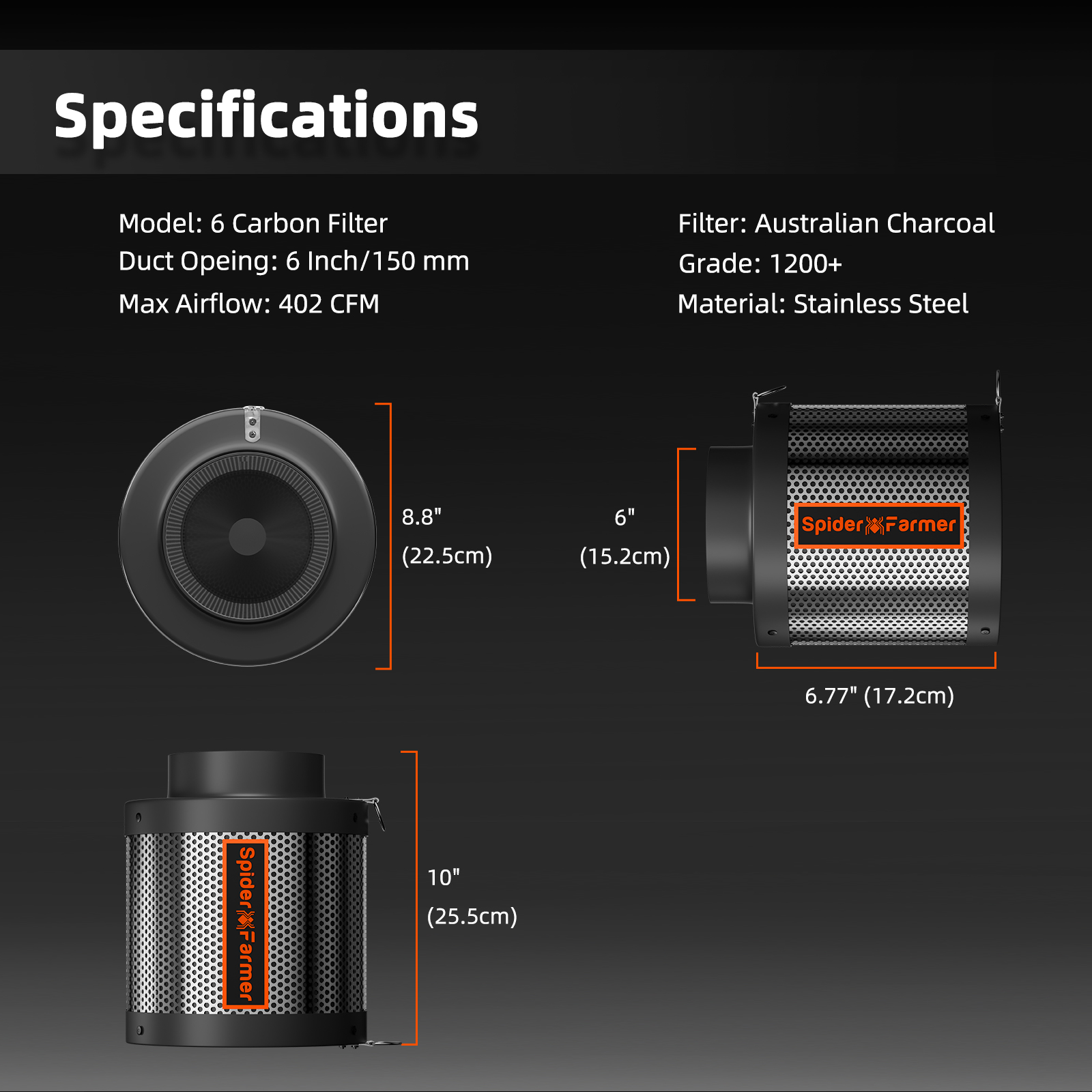 Spider Farmer 4 Zoll/6 Zoll Luft-Kohlefilter, Geruchskontrolle für Inline-Kanalventilator, Wachstumszelt, Hydrokultur, Geruchsschrubber
