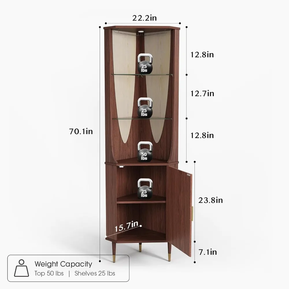 70" Tall Corner Bar Cabinet, Mid-Century Modern Fluted Storage Cabinet with Glass Shelves, Door & LED Lighting, Space-Saving