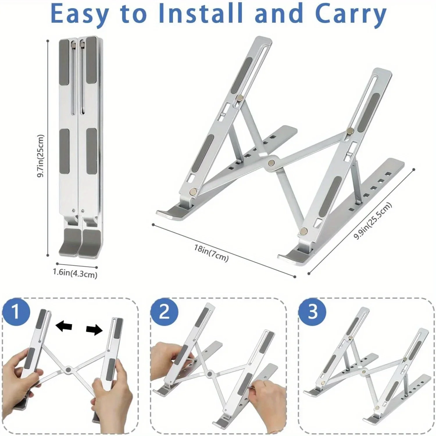 Soporte de aluminio ajustable para computadora portátil: altura de 6 niveles, diseño plegable y portátil para computadoras portátiles de 8-16 pulgadas, ventilación y calor mejorados
