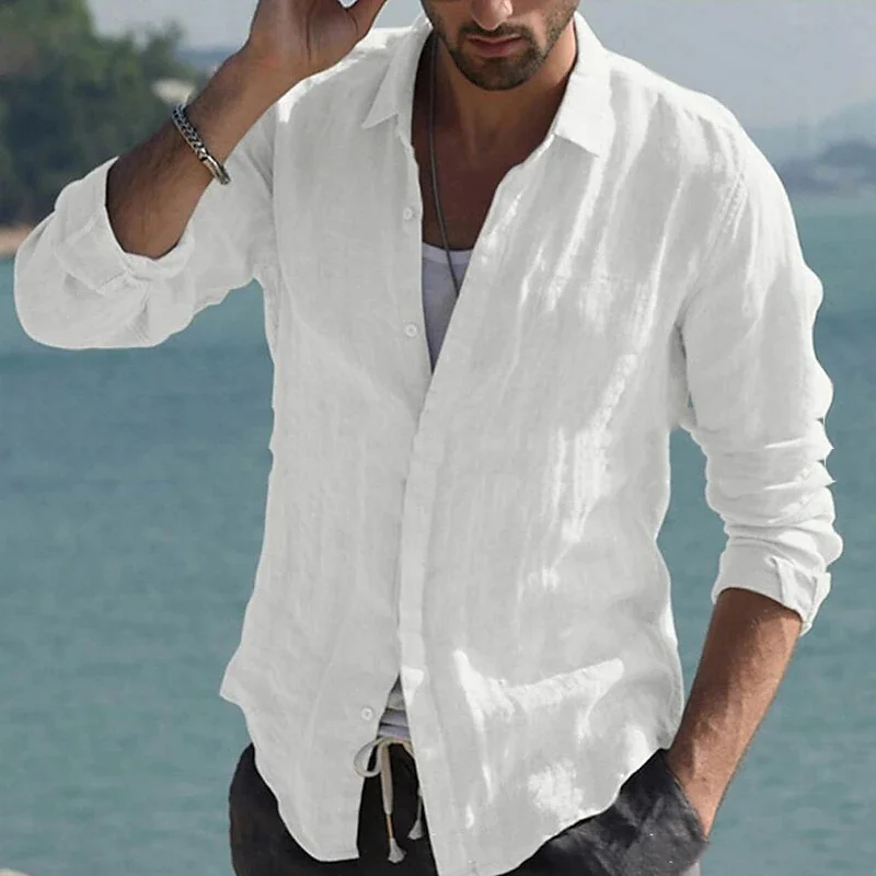 Camisa de lino de alta calidad para hombre, camisa ligera y transpirable con botones, de algodón y lino, Color sólido, 100%, 2024