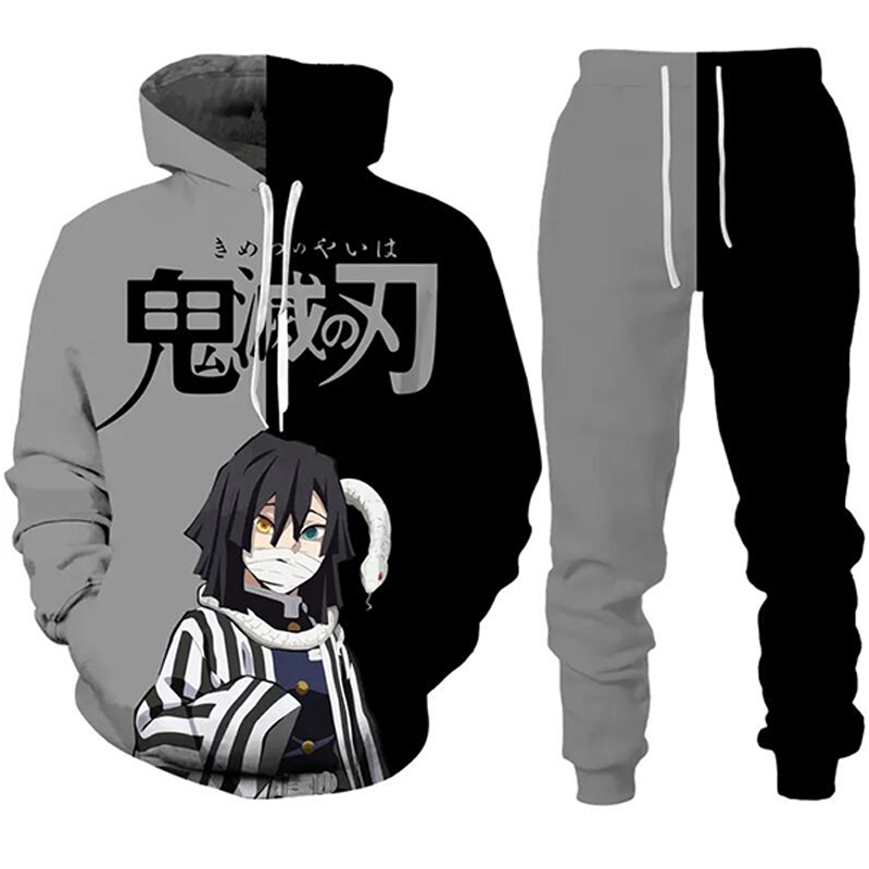 Anime demon slayer hoodies 3d impresso cosplay calças + moletom com capuz 2 pçs conjunto de treino masculino oversize vintage streetwear calças com capuz conjuntos