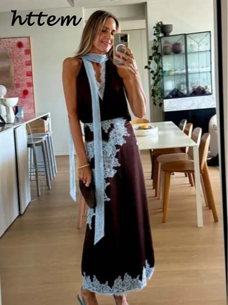 Elegante Spitze Gespleißt Kontrast Farbe Lange Röcke Sets Frauen Halfter Ärmellose Backless Tops Gerade Rock 2025, Herbst Dame Anzüge