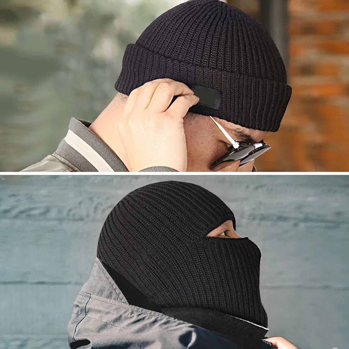 男性用ニットバラクラバハット、2in 1フルフェイスマスク、スキーボンネット、戦術的なサイクリングイヤーマフキャップ、冬のビーニー