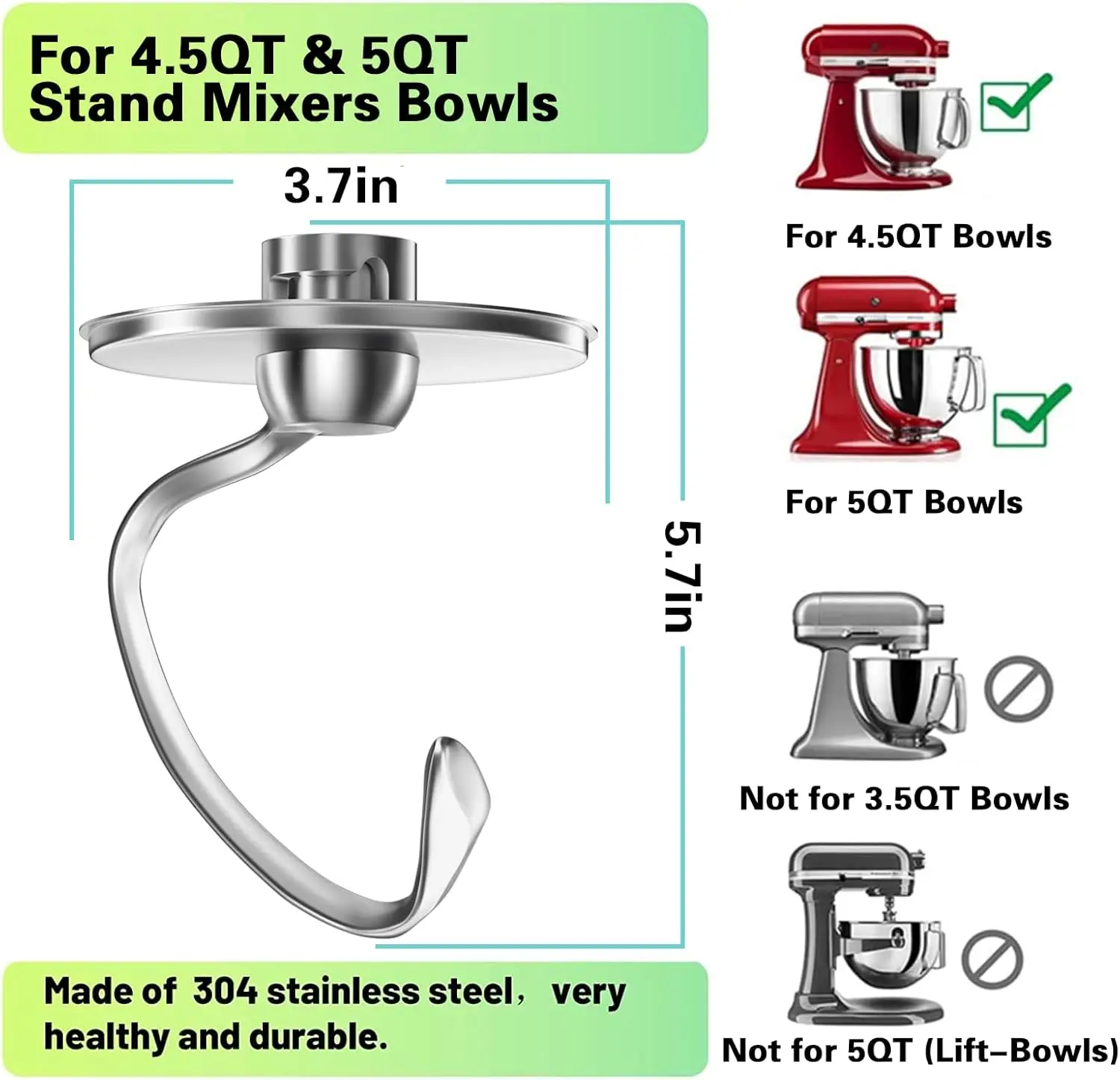 Gancho para masa de acero inoxidable adecuado para batidoras con cabezal inclinable Kitchenaid 4,5-5QT, accesorios de repuesto, pulido