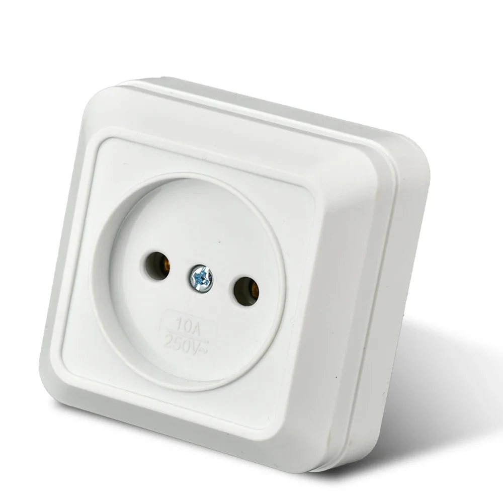 White Wall Mount Socket EU Standard Electrical Outlett Ground Vintage Surface Power Socket Plugs Flame Retardant Plastic