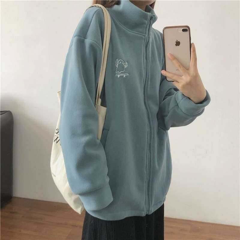Herbst Winter Fleece Reiß verschluss Sweatshirt Jacke Frauen Kleidung Stickerei Mäntel warme Langarm Cardigan Sport Outdoor Sweatshirt