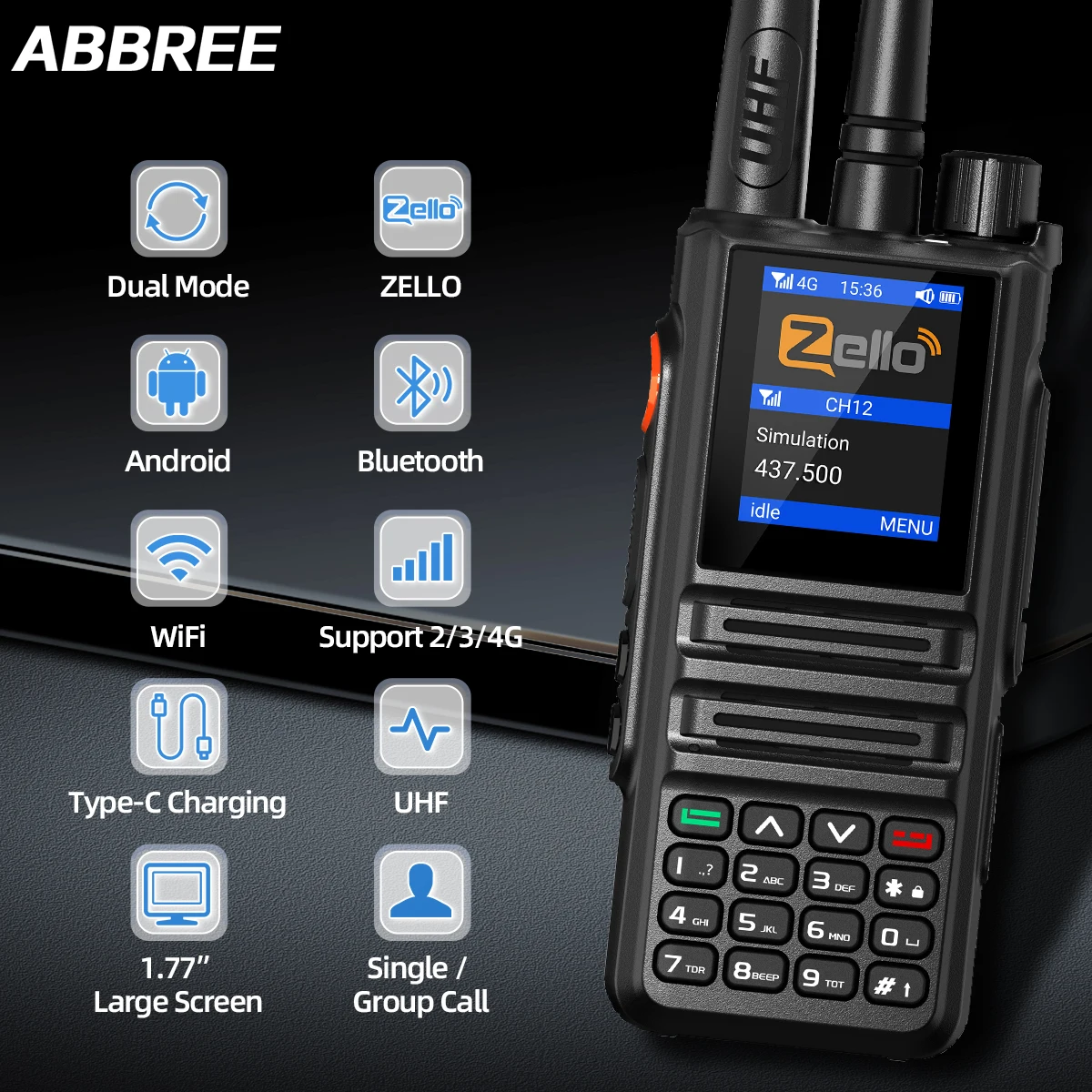 ABBREE GP-889 Dual Mode Netzwerk POC Radio Walkie Talkie ZELLO Global UHF Bluetooth WIFI 2G 4G Sim Karte Android Typ-C Amateurfunk