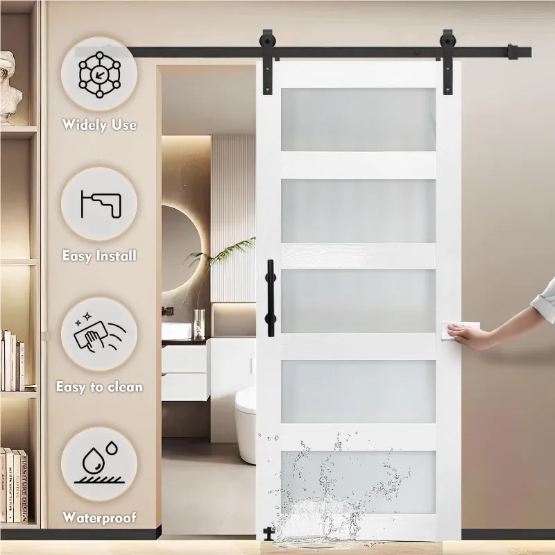 36 in x 84 in Glass Sliding MDF Barn Door with 6.6FT Sliding Door Hardware Kit, 5 Tempered Frosted Glass
