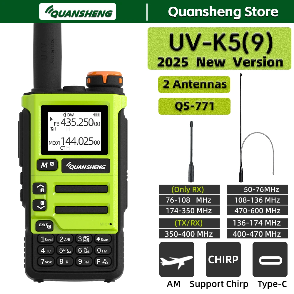 Quansheng UV K5 9 Walkie Talkie Radio Comunicación Bidireccional Largo Alcance Transceptor Inalámbrico Set Ham Radioaficionado con Receptor AM FM