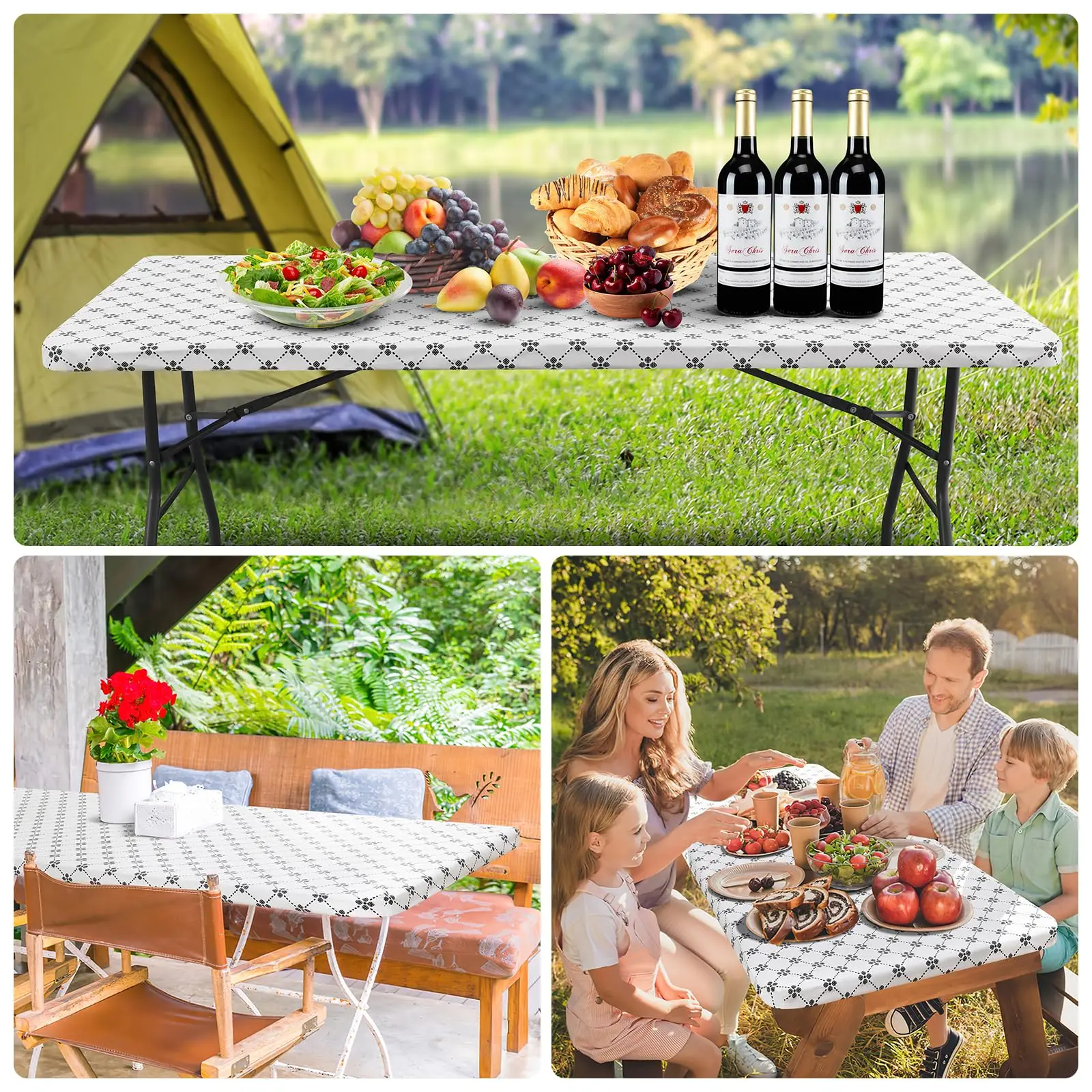 Olanly-mantel rectangular de vinilo, mantel elástico ajustado con respaldo de franela, cubierta de mesa de plástico impermeable, mantel de campamento