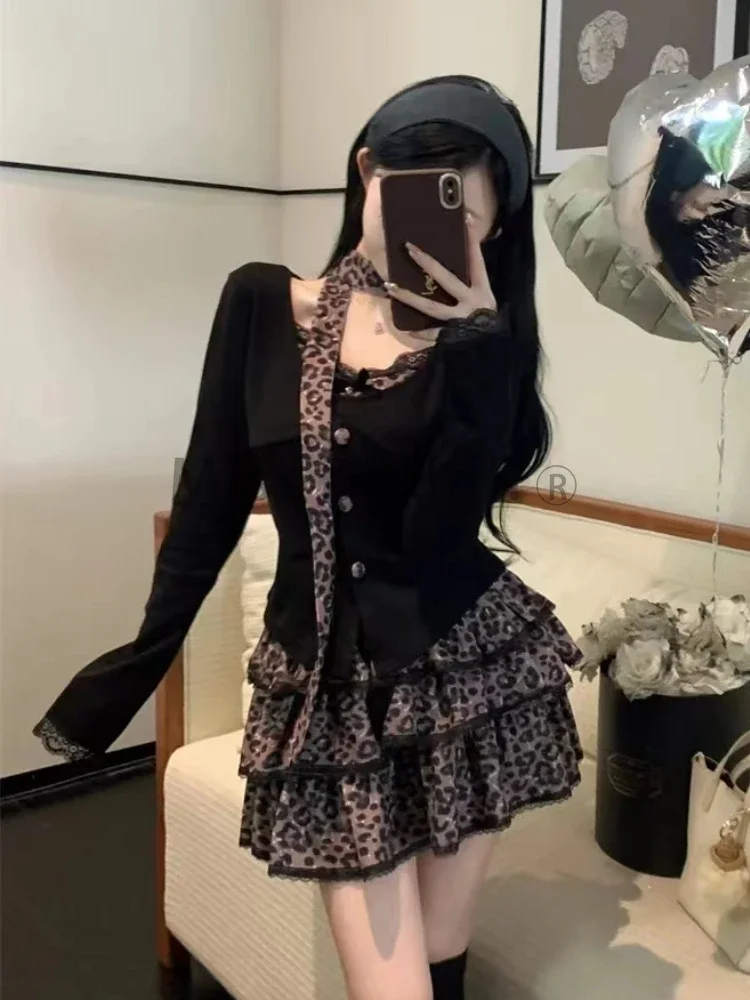 美的スキニー長袖 2 点セット女性の冬スリム V ネック偽ツーピーストップ + Y2k 弾性ウエストフリルスカートスーツ新