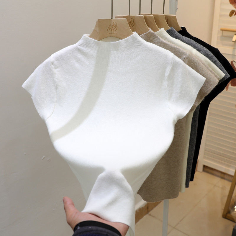 2026 Basic Turtleneck Solid Thin Summer Pullover Women Female Knitted Sweater Slim Short Sleeve Bodycon Sweater