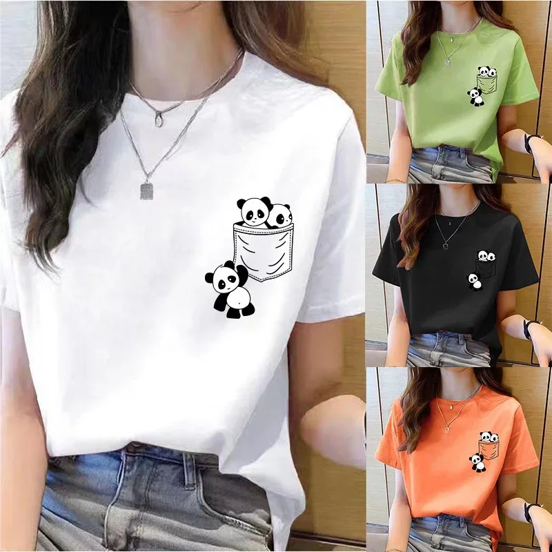 ผู้หญิงแขนสั้นฤดูร้อนใหม่กระเป๋า PANDA การ์ตูนพิมพ์เสื้อยืดเกาหลีแฟชั่นผู้หญิงเสื้อหลวมรอบคอ T เสื้อผู้หญิง