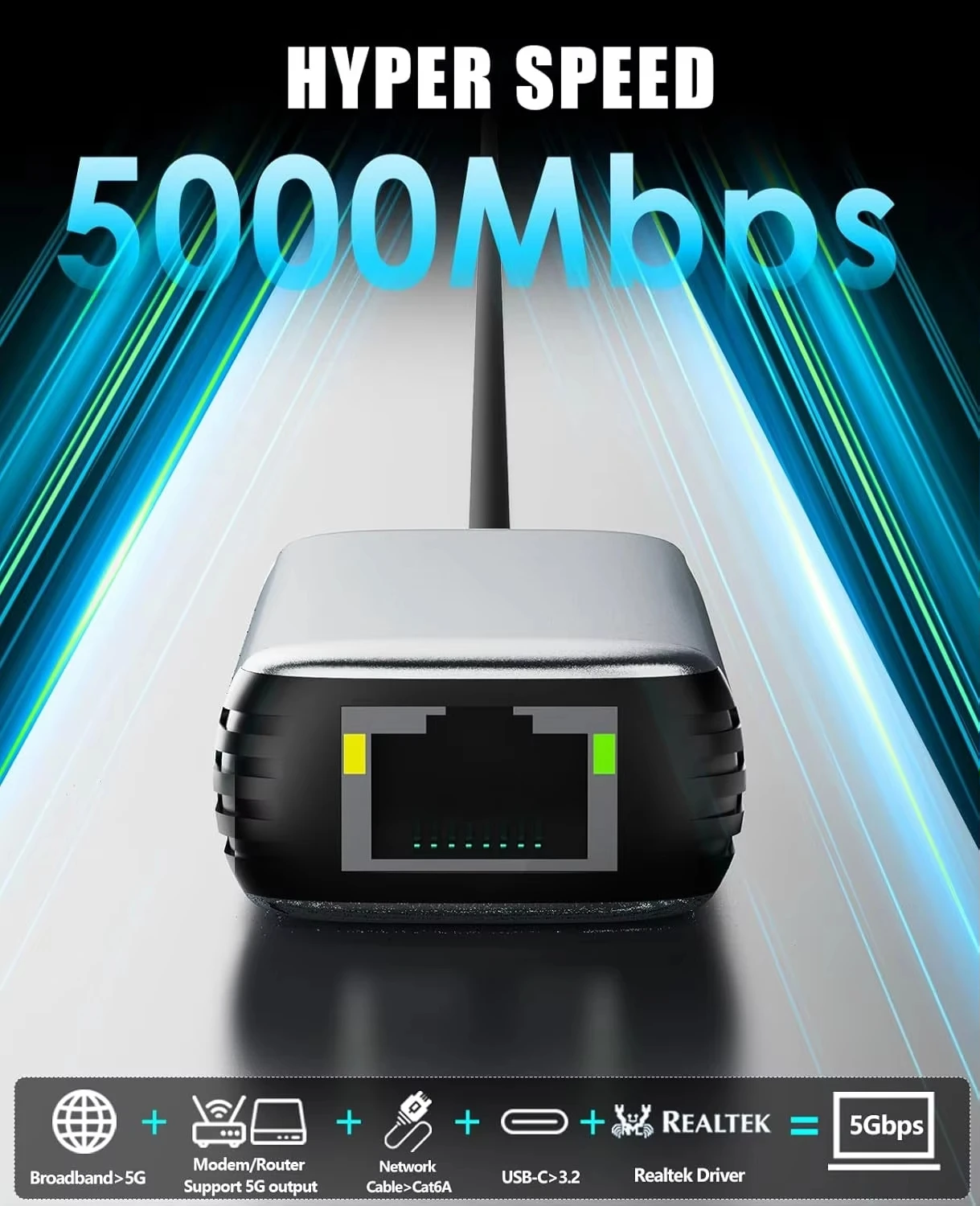 Адаптер проводной сетевой карты 5000 Мбит/с Адаптер USB/Type-C к RJ45 5G USB 3.0 Конвертер проводной сетевой карты HUB для ноутбука Win 7/8/10